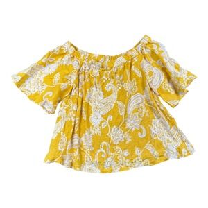 Chicos Womens Yellow Paisley 100% Linen Off Shoulder Top Short Sleeve Size 1 147